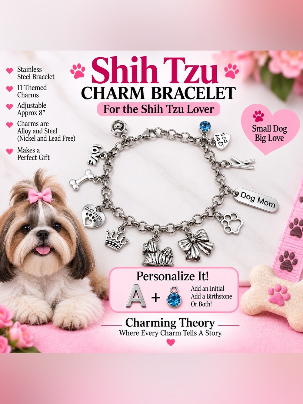 Shih Tzu Charm Bracelet – Dog Mom Gift – Personalized